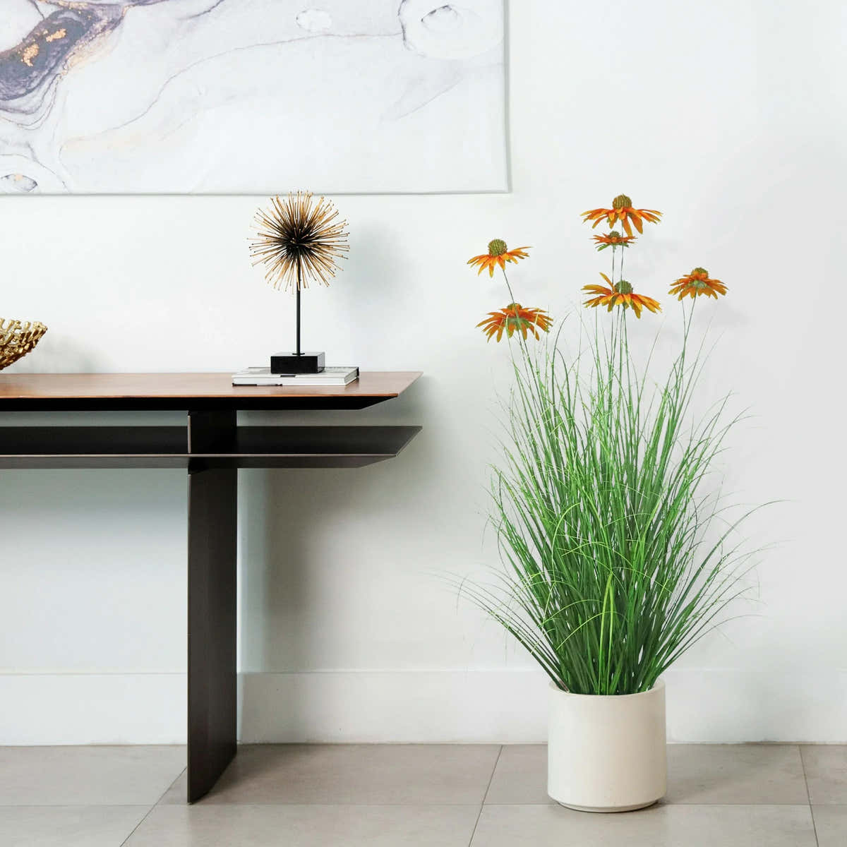 $1000+ Purchase Gift | Artificial 6-Head Chrysanthemum with Curved Onion Grass Bonsai 43"H