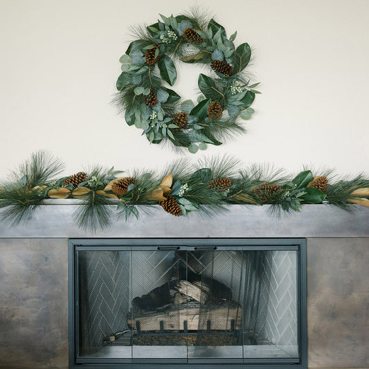 Magnolia, Eucalyptus, Pinecone, & Needle Pine Wreath and Garland
