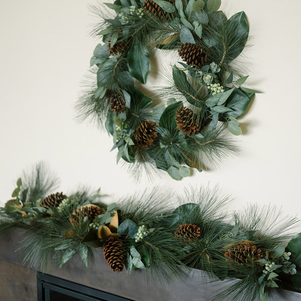 Magnolia, Eucalyptus, Pinecone, & Needle Pine Wreath and Garland