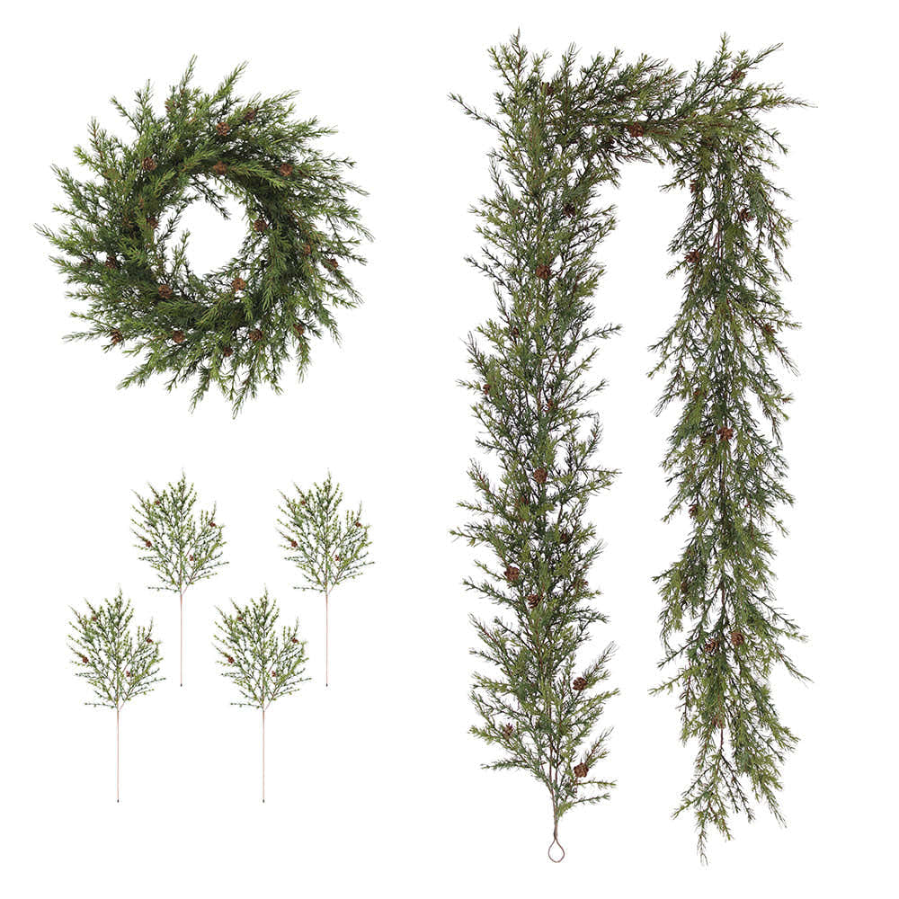 Artificial Pine Wreath, Garland, and Stems