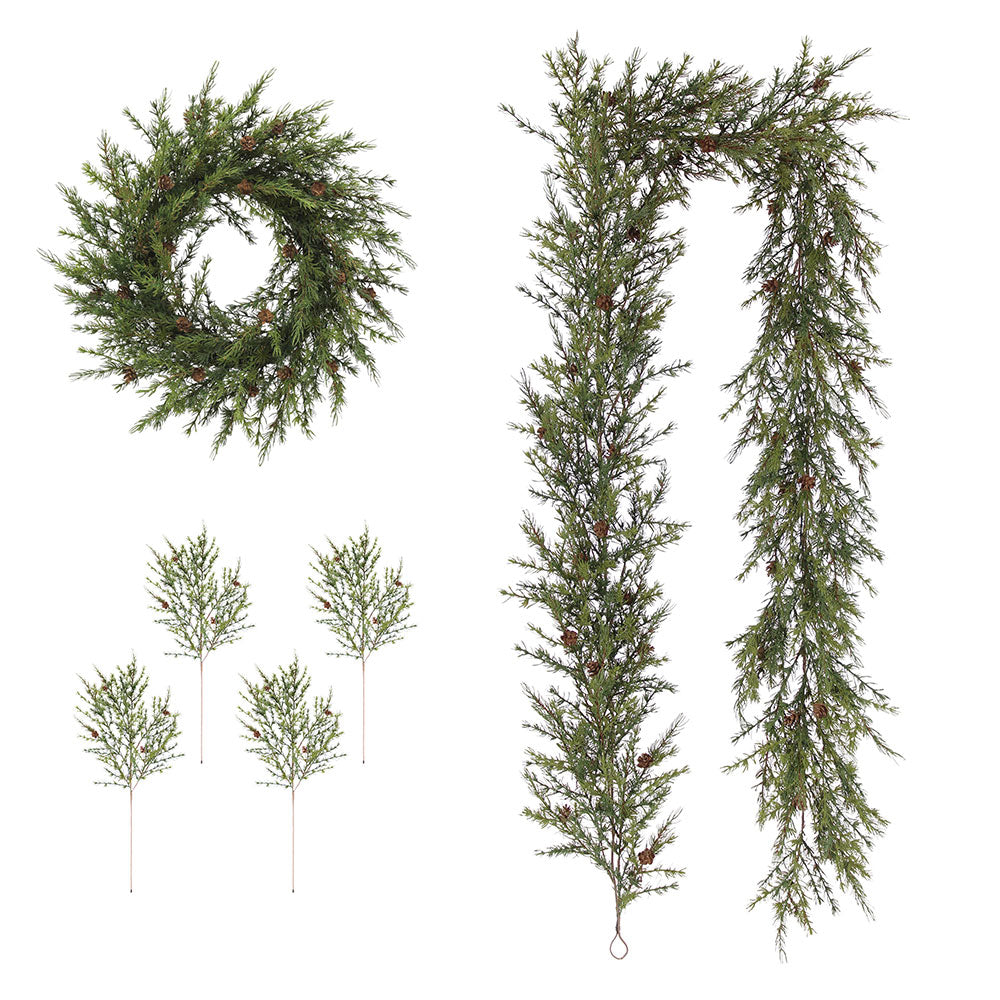 Artificial Pine Wreath, Garland, and Stems