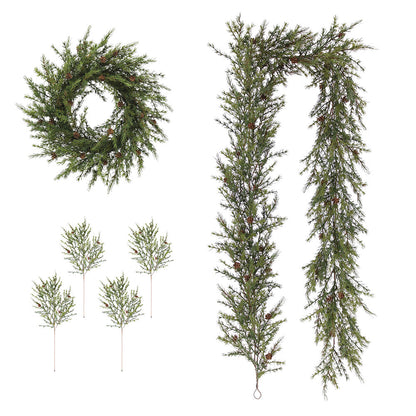 Artificial Pine Wreath, Garland, and Stems