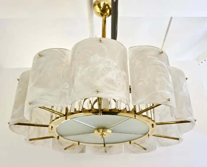 Bespoke Italian Alabaster White Murano Glass Brass Round Chandelier / Flushmount