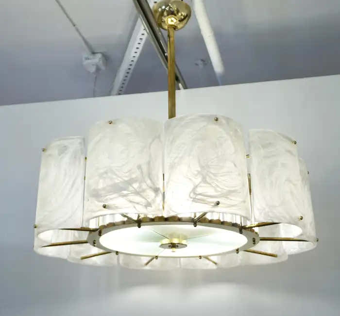 Bespoke Italian Alabaster White Murano Glass Brass Round Chandelier / Flushmount