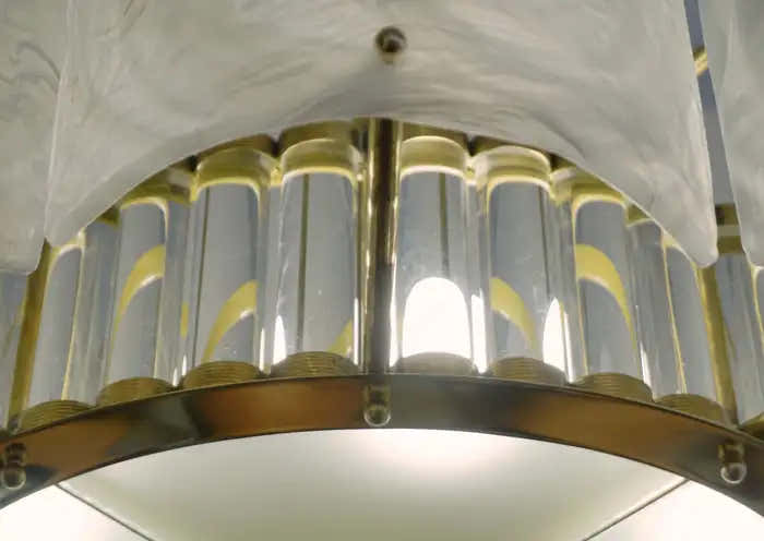 Bespoke Italian Alabaster White Murano Glass Brass Round Chandelier / Flushmount