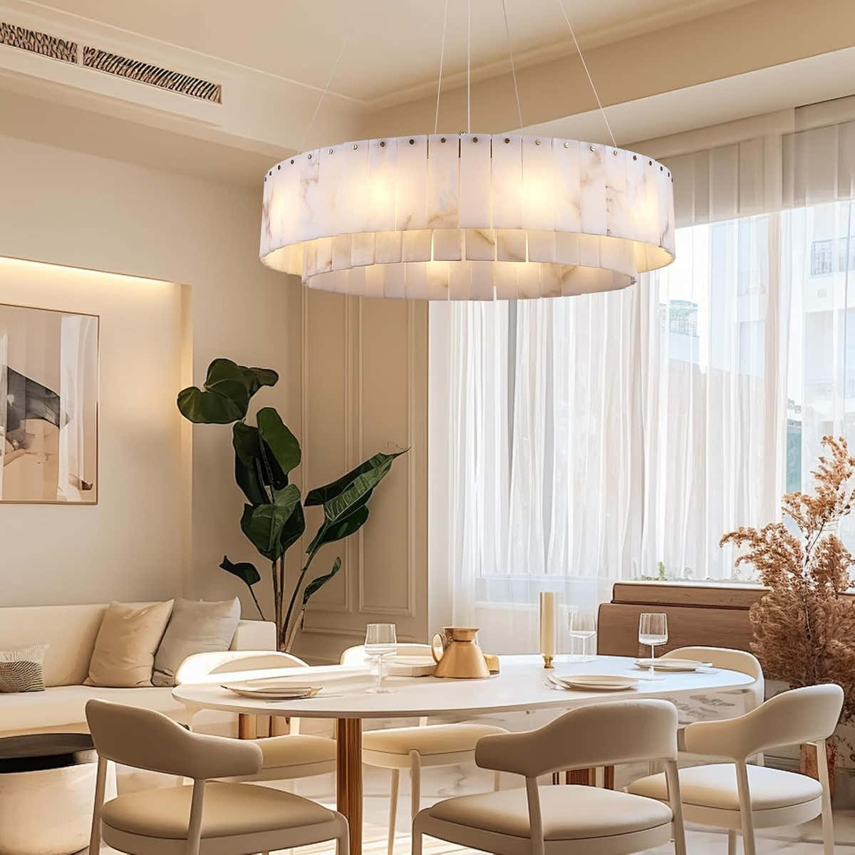 Alabaster Round Chandelier, Modern Marble Dining Room Chandelier 31'' - Fast Delivery-1-Luxehomezone