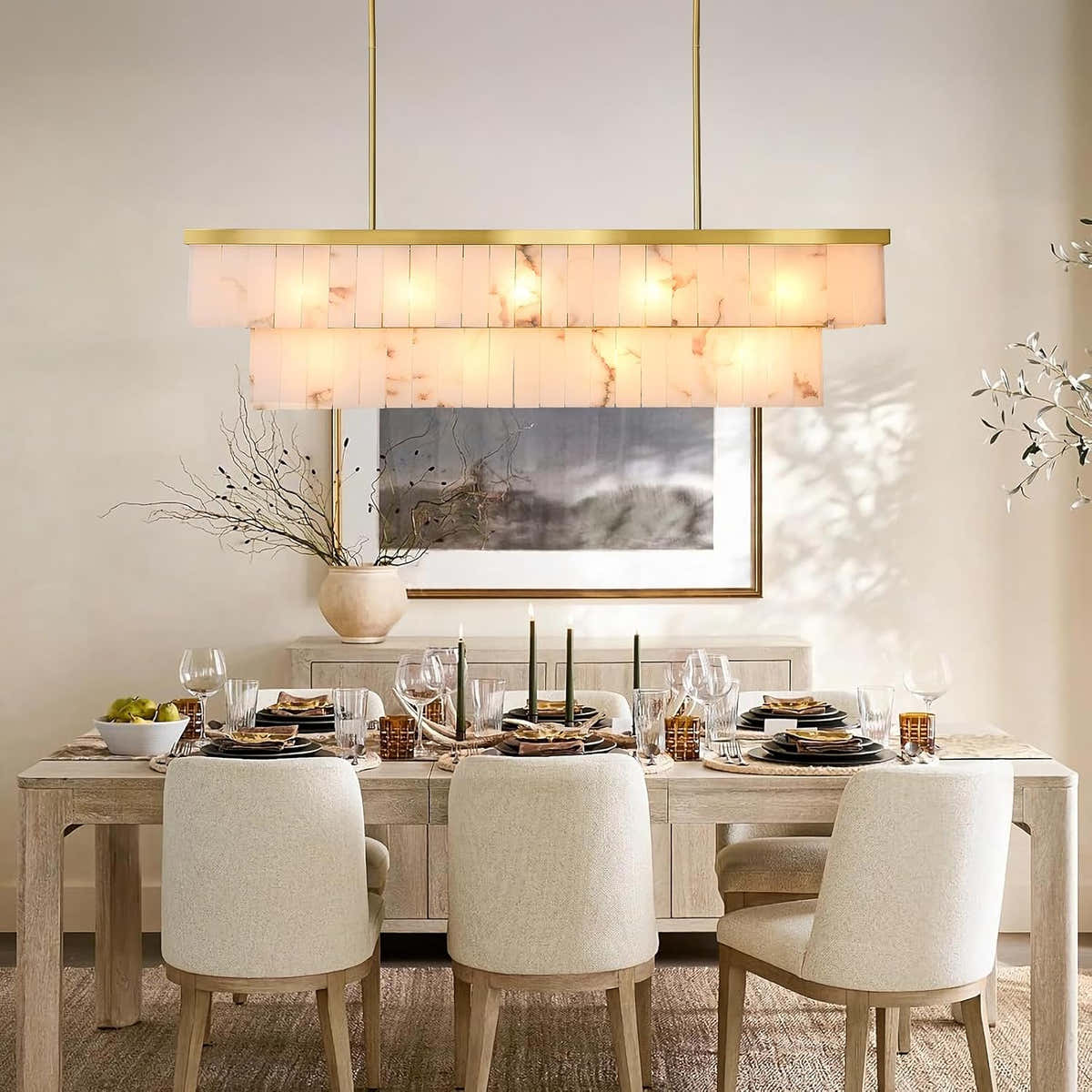 2-Tier Rectangle Alabaster Chandelier 54"L