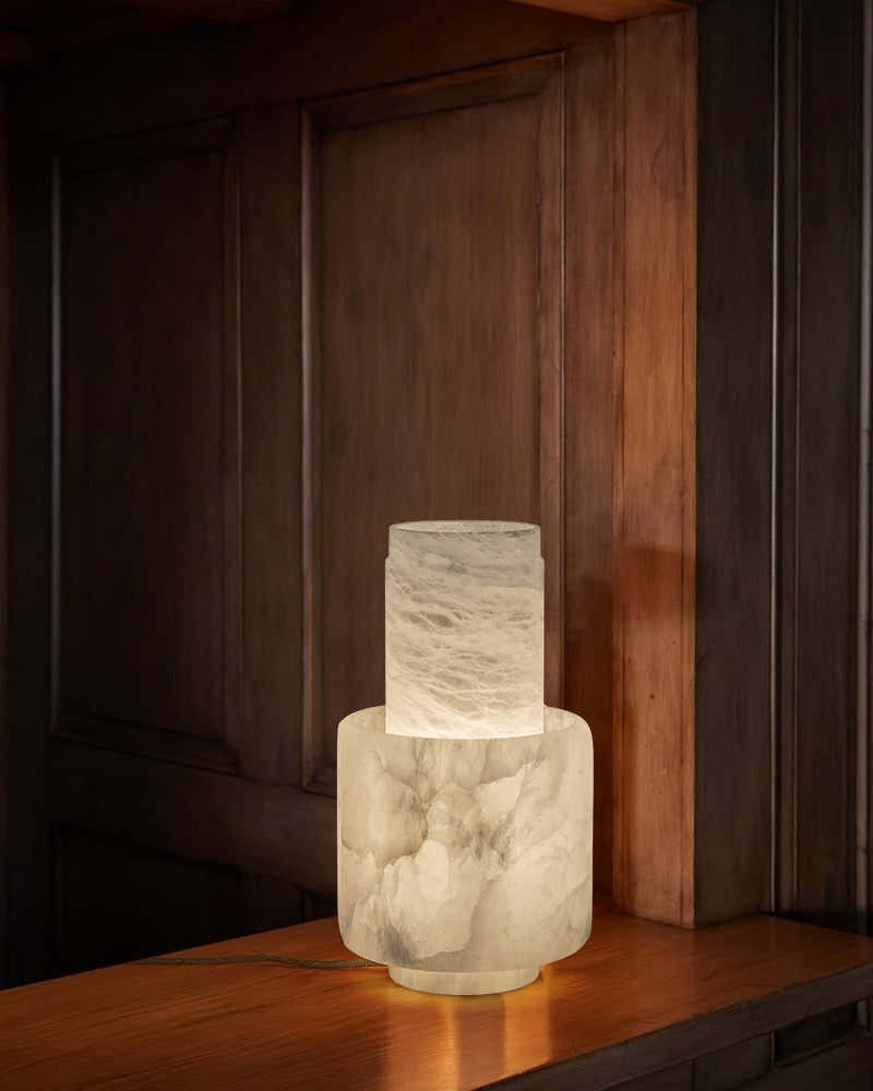 Nature Inspired Cylinder White Alabaster Short Table Lamp 8in for bedroom