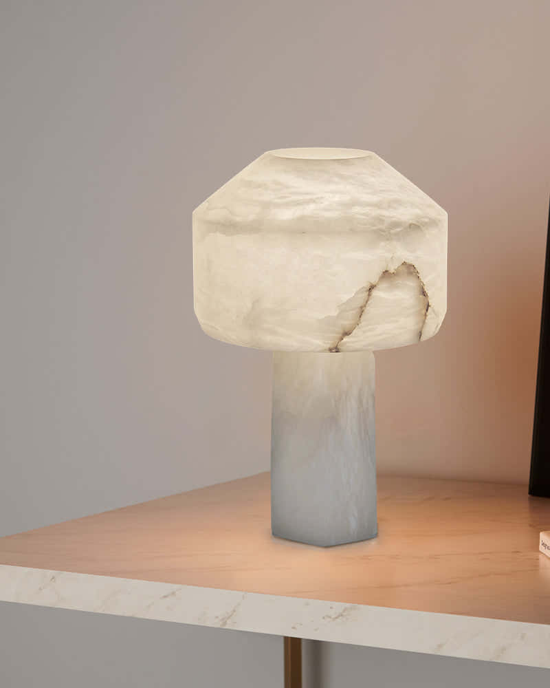 Nature Inspired Cylinder White Alabaster Short Table Lamp 8in for bedroom