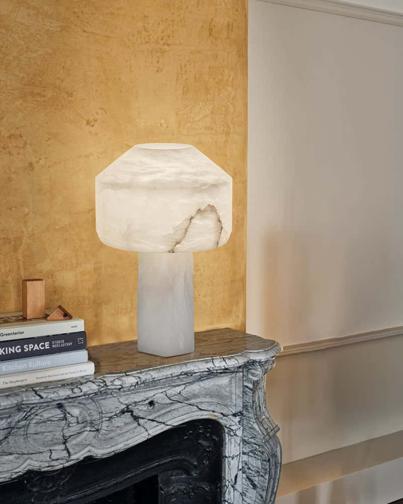 Nature Inspired Cylinder White Alabaster Short Table Lamp 8in for bedroom