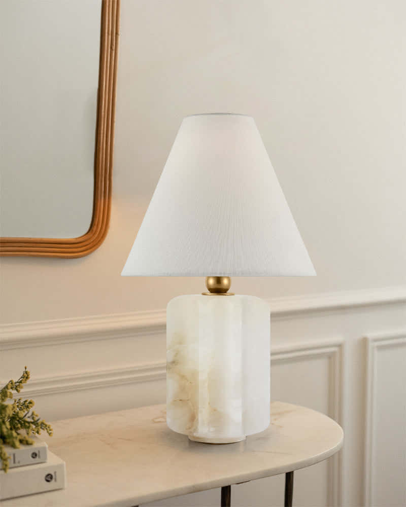 Art Design Arteriors Everly Alabaster Table Lamp Wide 15" with White Linen Fabric Lampshade