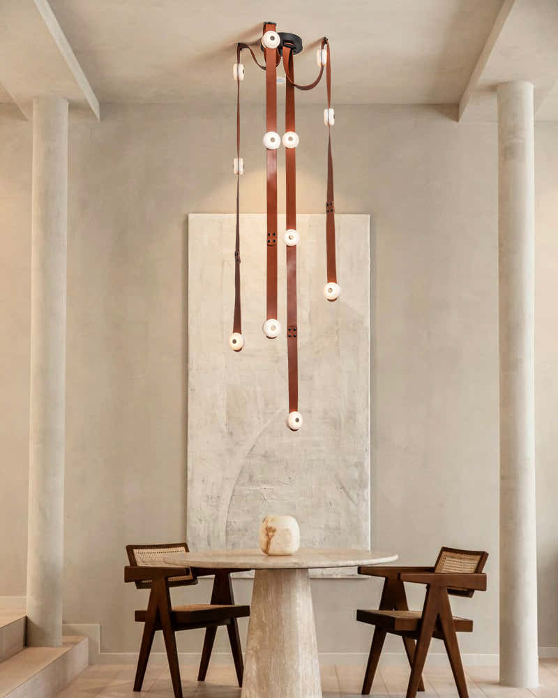 LED Module Snaps Alabaster Pug in Pendant Lighting with Extension Leather Straps