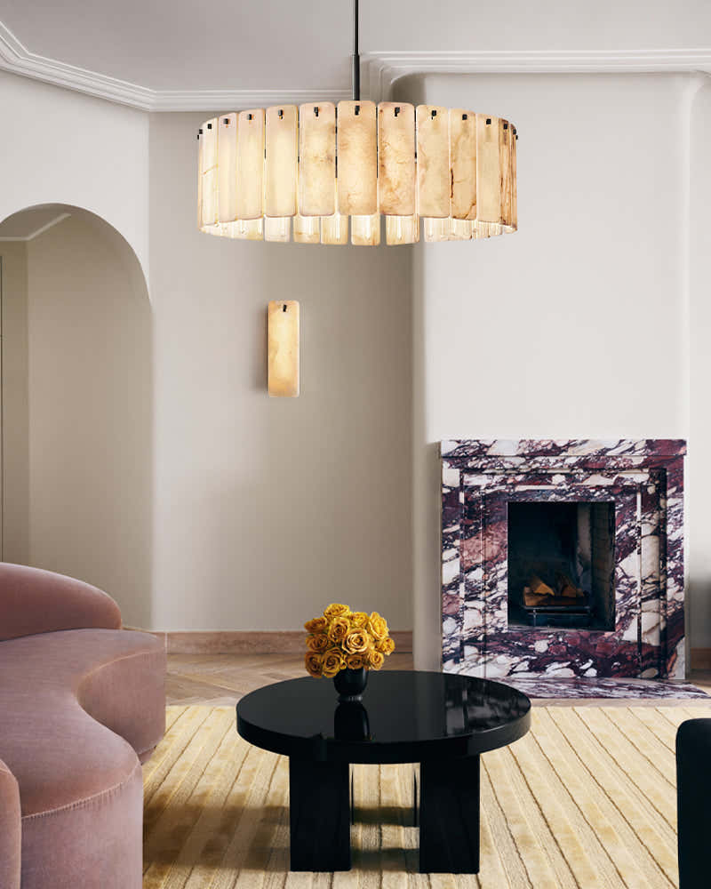 Lacquered Burnished Brass/Black Rectangular Calamette Alabaster Lighting Collection 59" 71"