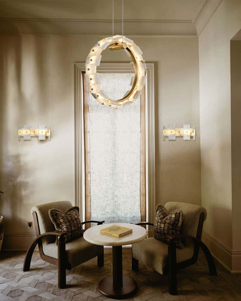 Snow Flake Marble Fixtures LED Rectangular Alabaster Halo Chandeliers WIde 37" 47" 60"