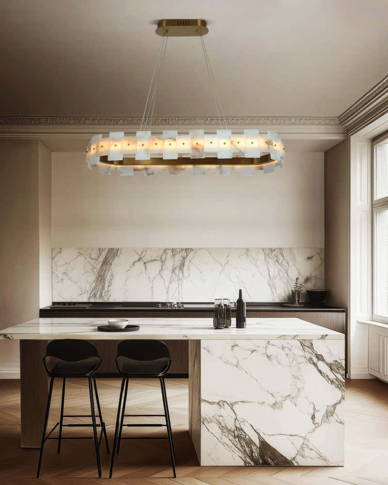 Snow Flake Marble Fixtures LED Rectangular Alabaster Halo Chandeliers WIde 37" 47" 60"