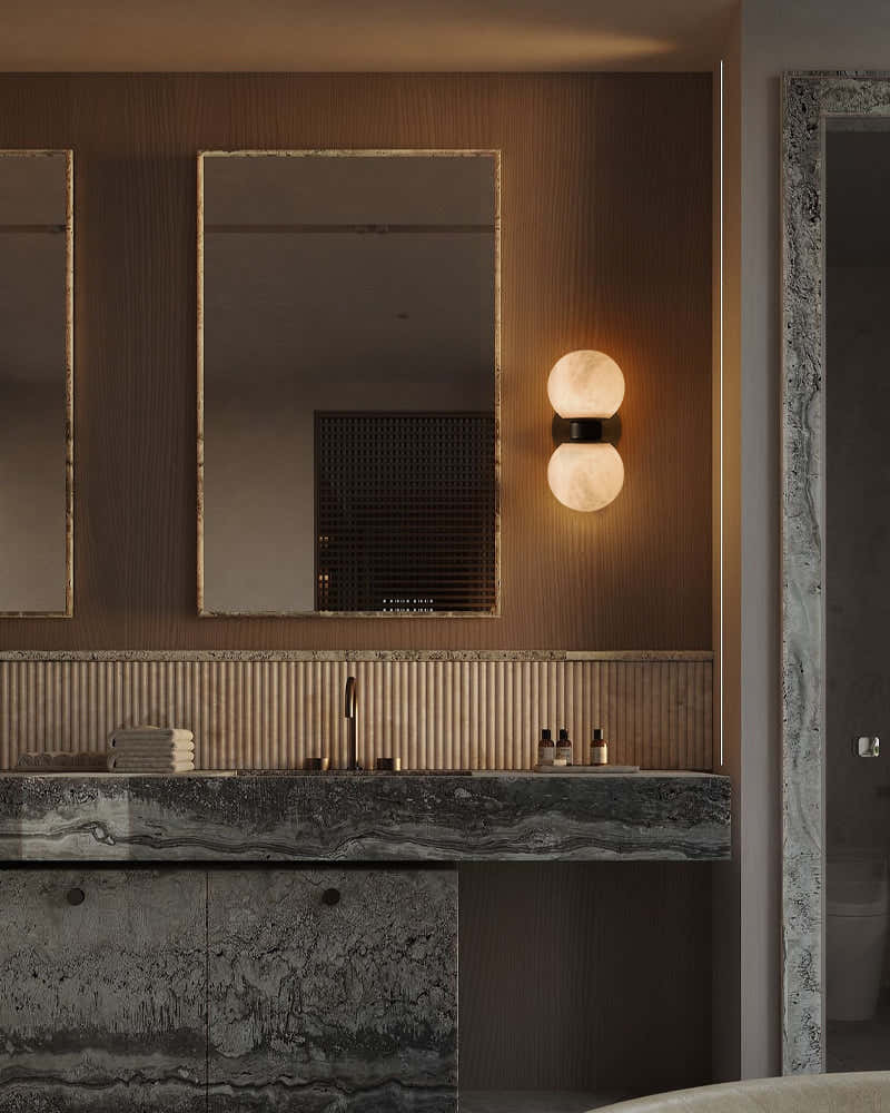 Modern LED Dual Alabaster Globe Wall Light Fixtures Wide 3" 5" | Brass/Black Metal
