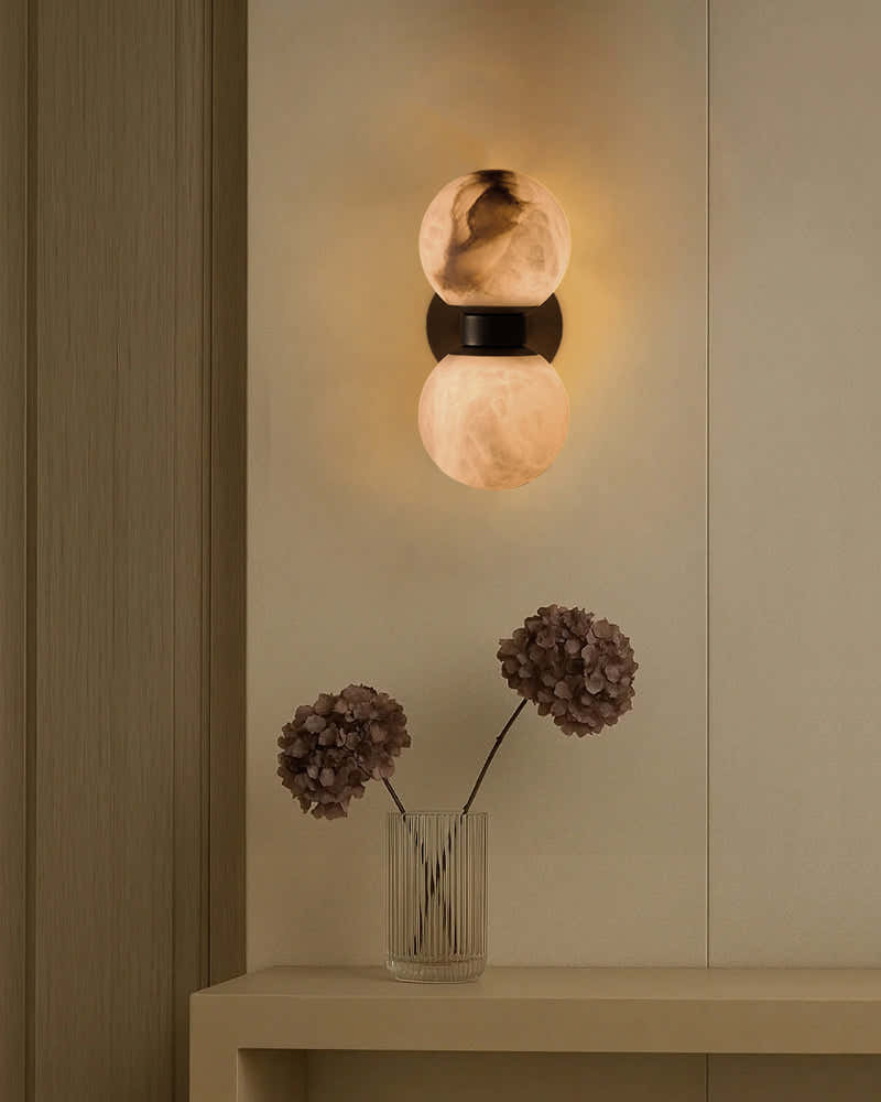Modern LED Dual Alabaster Globe Wall Light Fixtures Wide 3" 5" | Brass/Black Metal