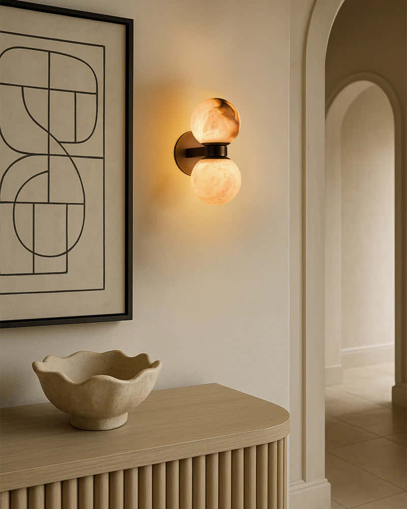 Modern LED Dual Alabaster Globe Wall Light Fixtures Wide 3" 5" | Brass/Black Metal