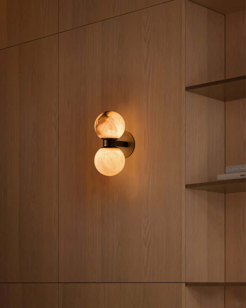Modern LED Dual Alabaster Globe Wall Light Fixtures Wide 3" 5" | Brass/Black Metal