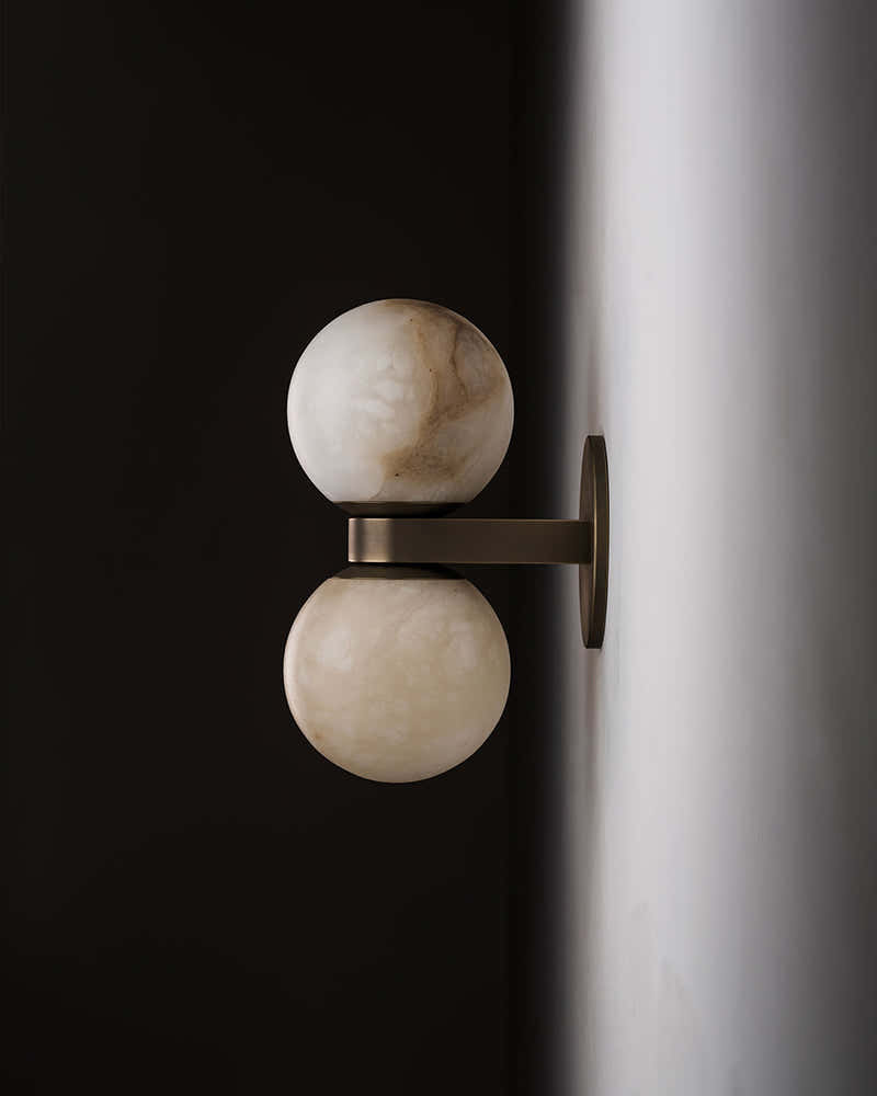 Modern LED Dual Alabaster Globe Wall Light Fixtures Wide 3" 5" | Brass/Black Metal