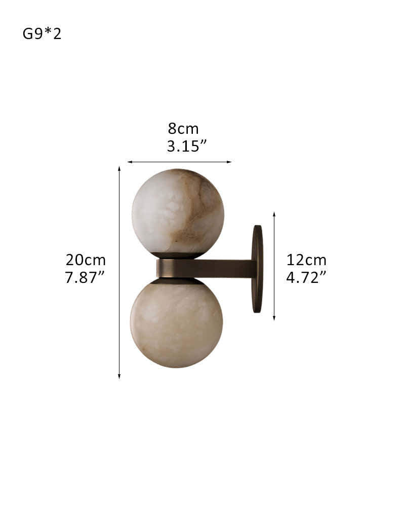 Modern LED Dual Alabaster Globe Wall Light Fixtures Wide 3" 5" | Brass/Black Metal