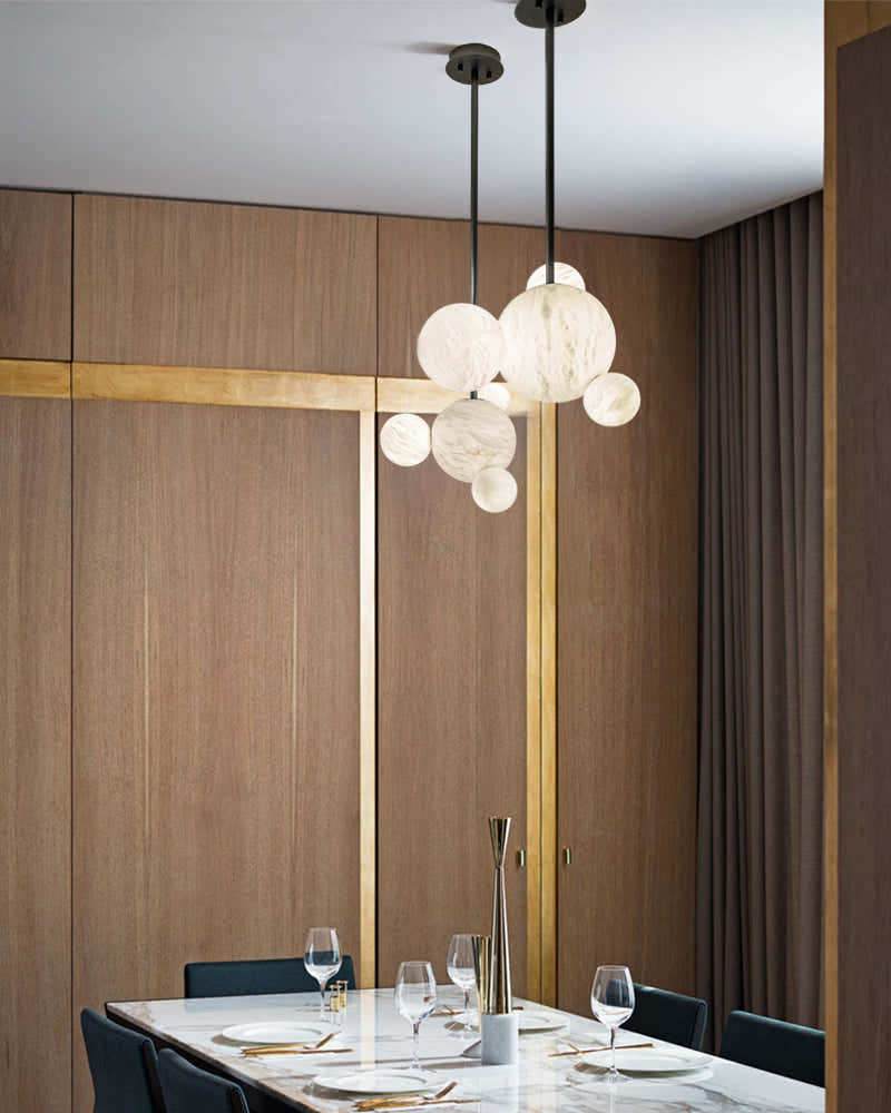 Nordic Black/Gold Disk Long Pendant Celing Lamp with alabaster globe cluster lighting