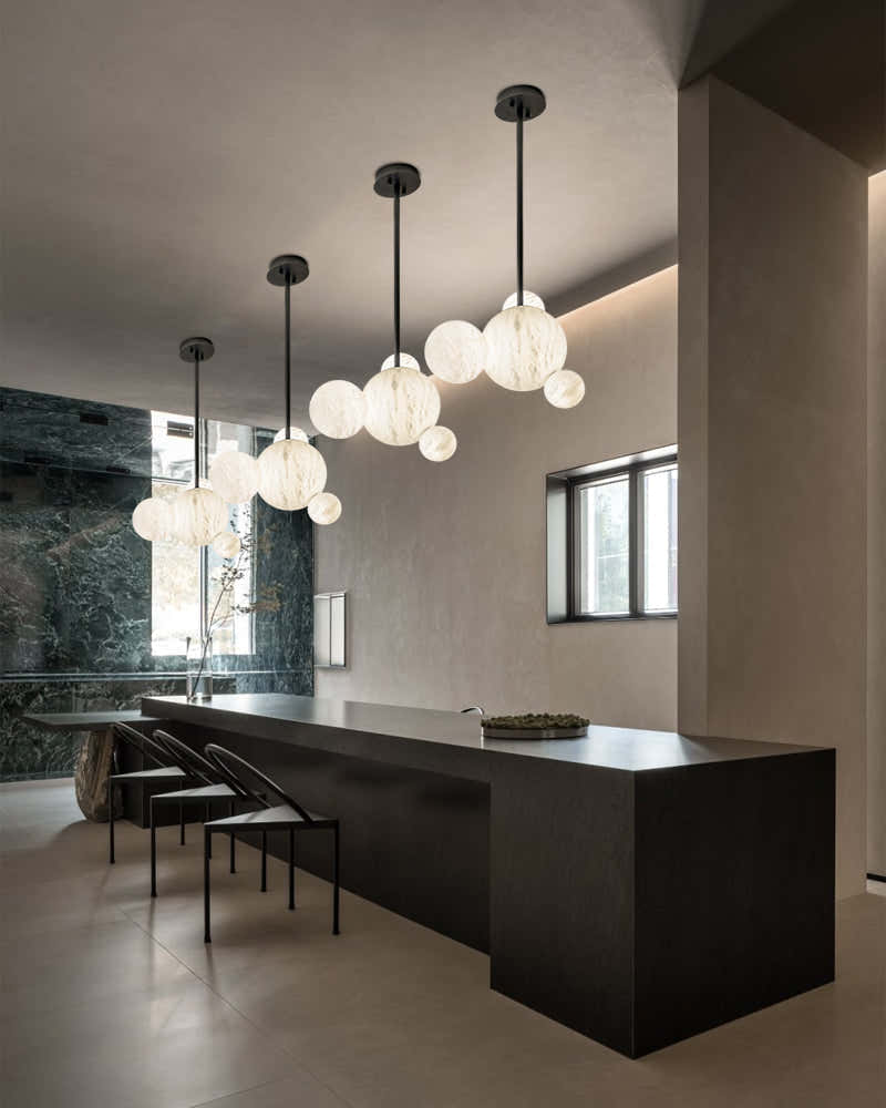 Nordic Black/Gold Disk Long Pendant Celing Lamp with alabaster globe cluster lighting