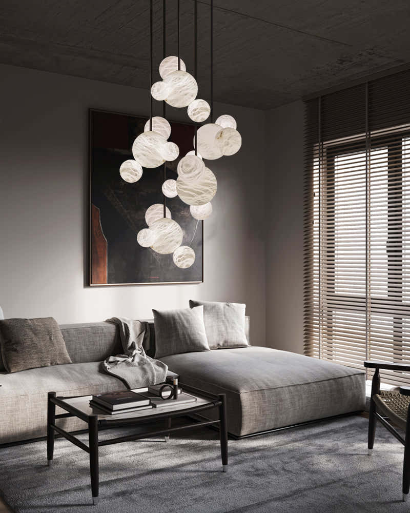 Nordic Black/Gold Disk Long Pendant Celing Lamp with alabaster globe cluster lighting