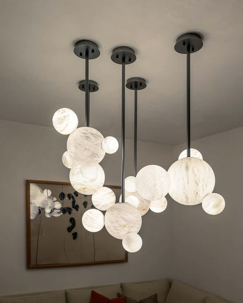 Nordic Black/Gold Disk Long Pendant Celing Lamp with alabaster globe cluster lighting