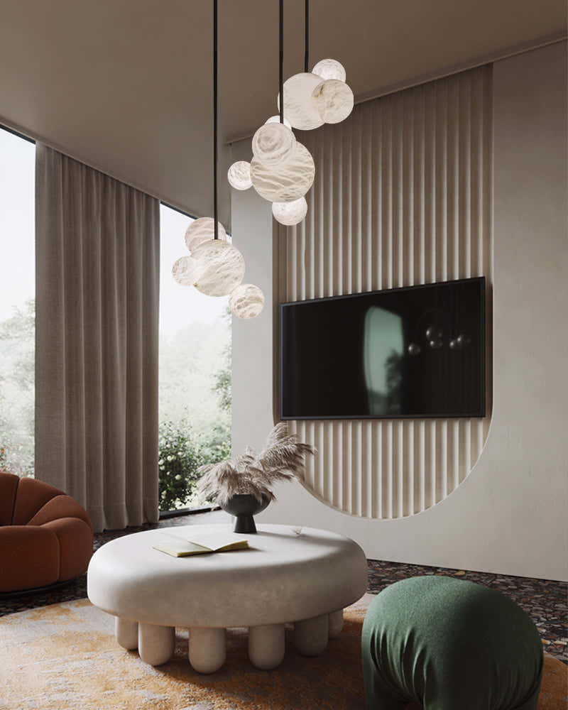 Nordic Black/Gold Disk Long Pendant Celing Lamp with alabaster globe cluster lighting