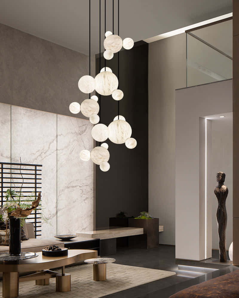 Nordic Black/Gold Disk Long Pendant Celing Lamp with alabaster globe cluster lighting