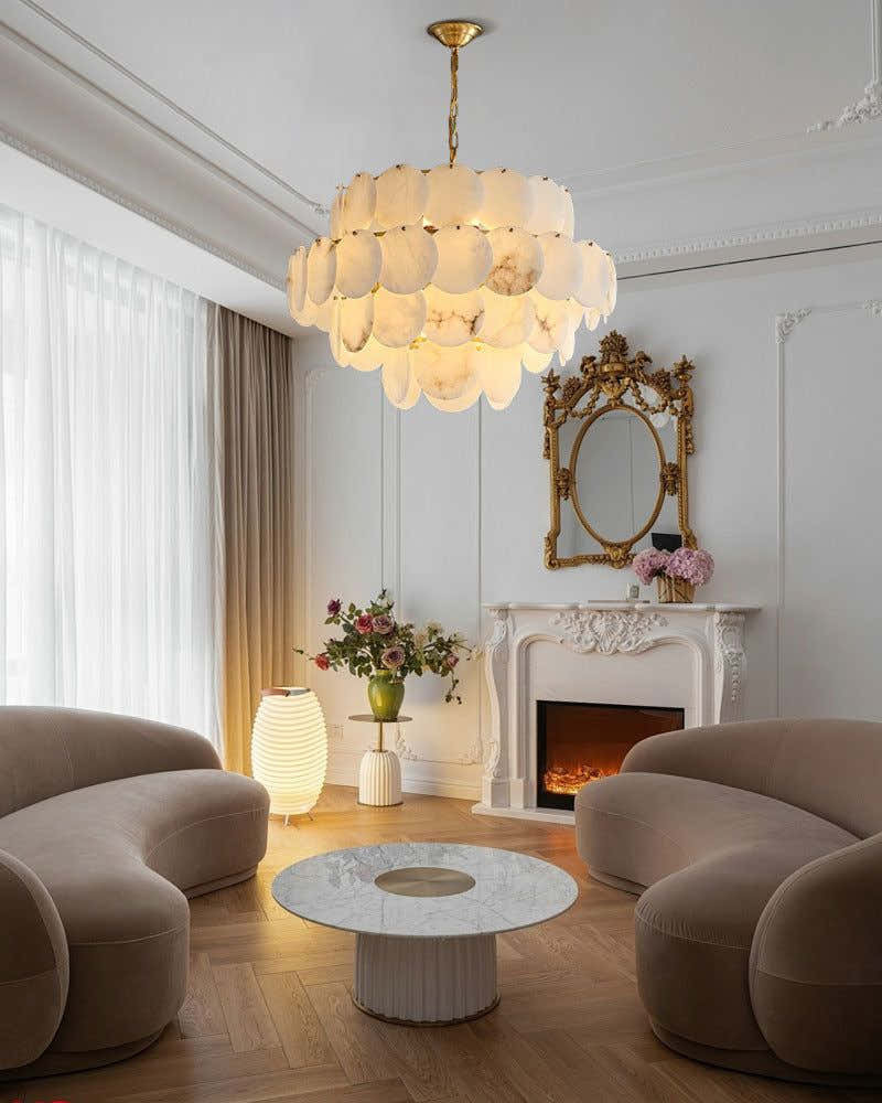 Modern Large Tier Alabaster Chandelier Wide 36" Lacquer Brass Metalwork for Foyer Decor