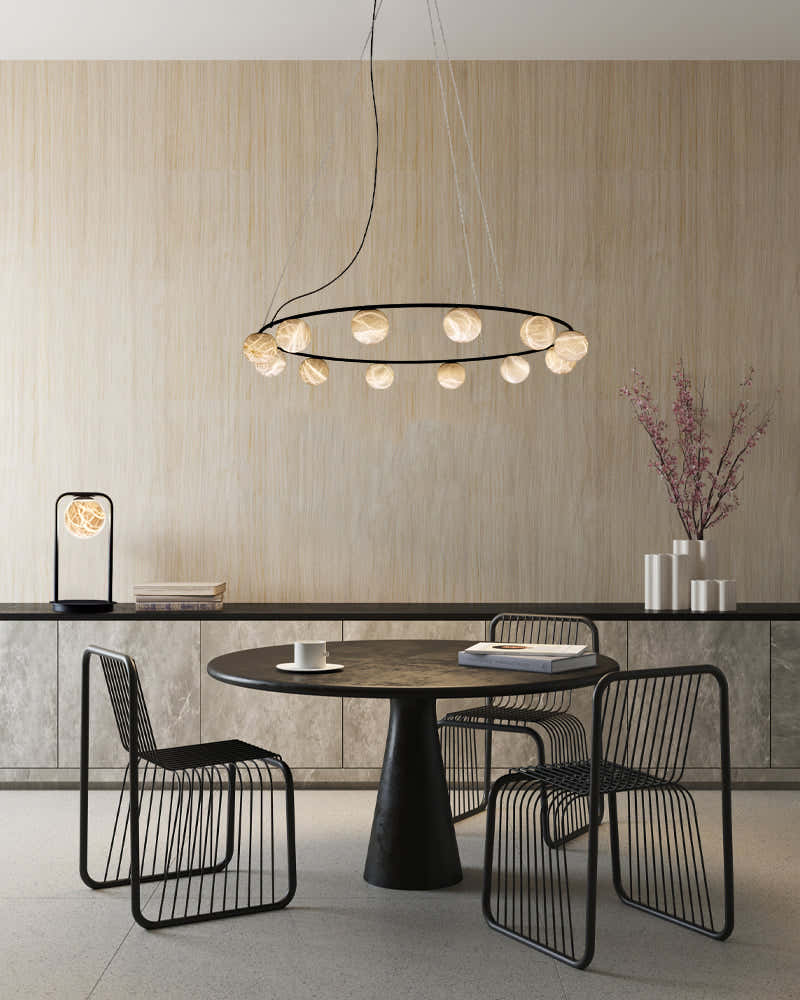 Alabaster Orb 3 Ring Chandelier in Black/Brass Framework | Modern Living Room