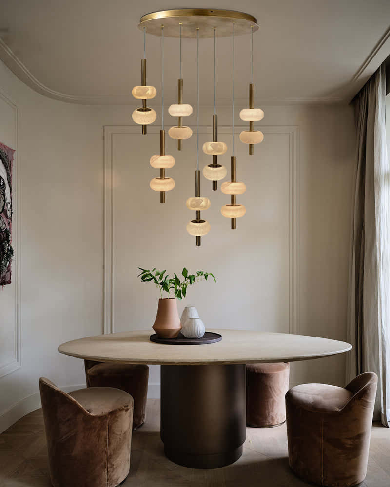 Villa 5 Light New Age Brass Cluster Pendant Light with 4in White Spanish Alabaster Shades