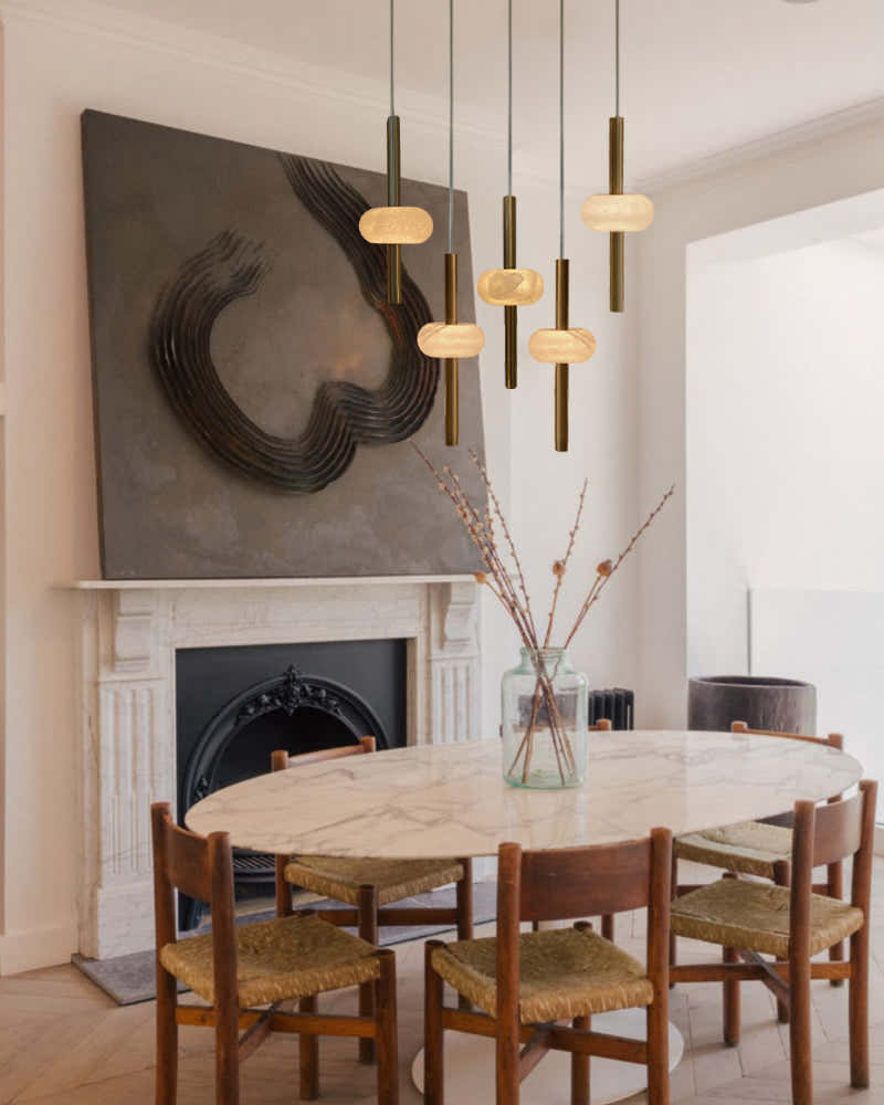 Villa 5 Light New Age Brass Cluster Pendant Light with 4in White Spanish Alabaster Shades