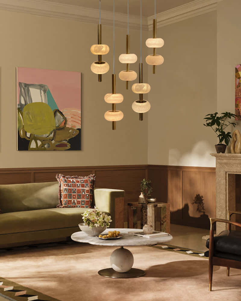 Villa 5 Light New Age Brass Cluster Pendant Light with 4in White Spanish Alabaster Shades