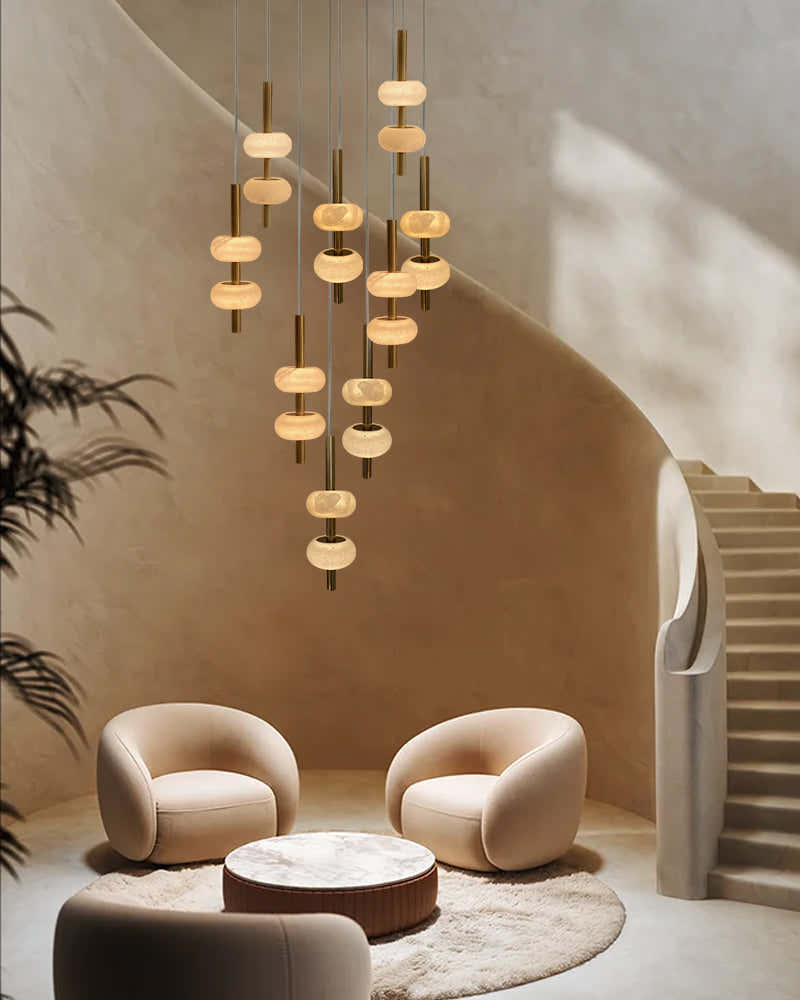 Villa 5 Light New Age Brass Cluster Pendant Light with 4in White Spanish Alabaster Shades