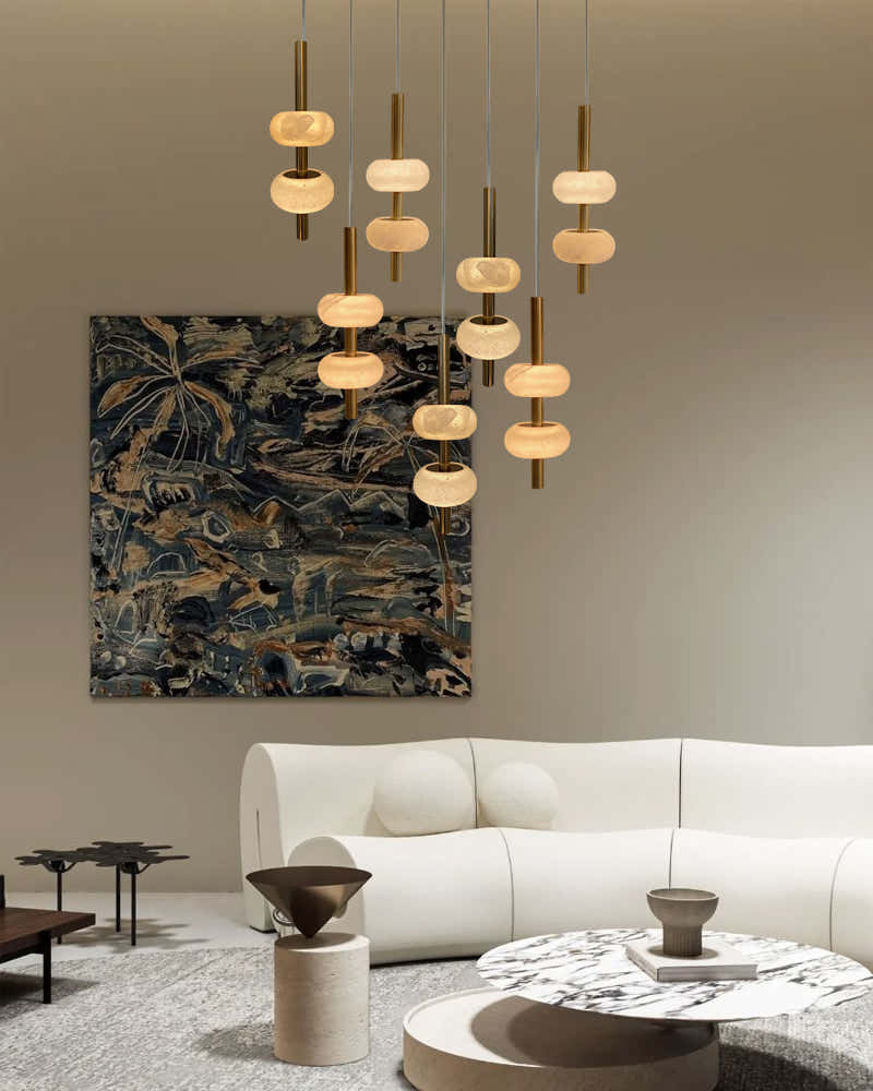 Villa 5 Light New Age Brass Cluster Pendant Light with 4in White Spanish Alabaster Shades
