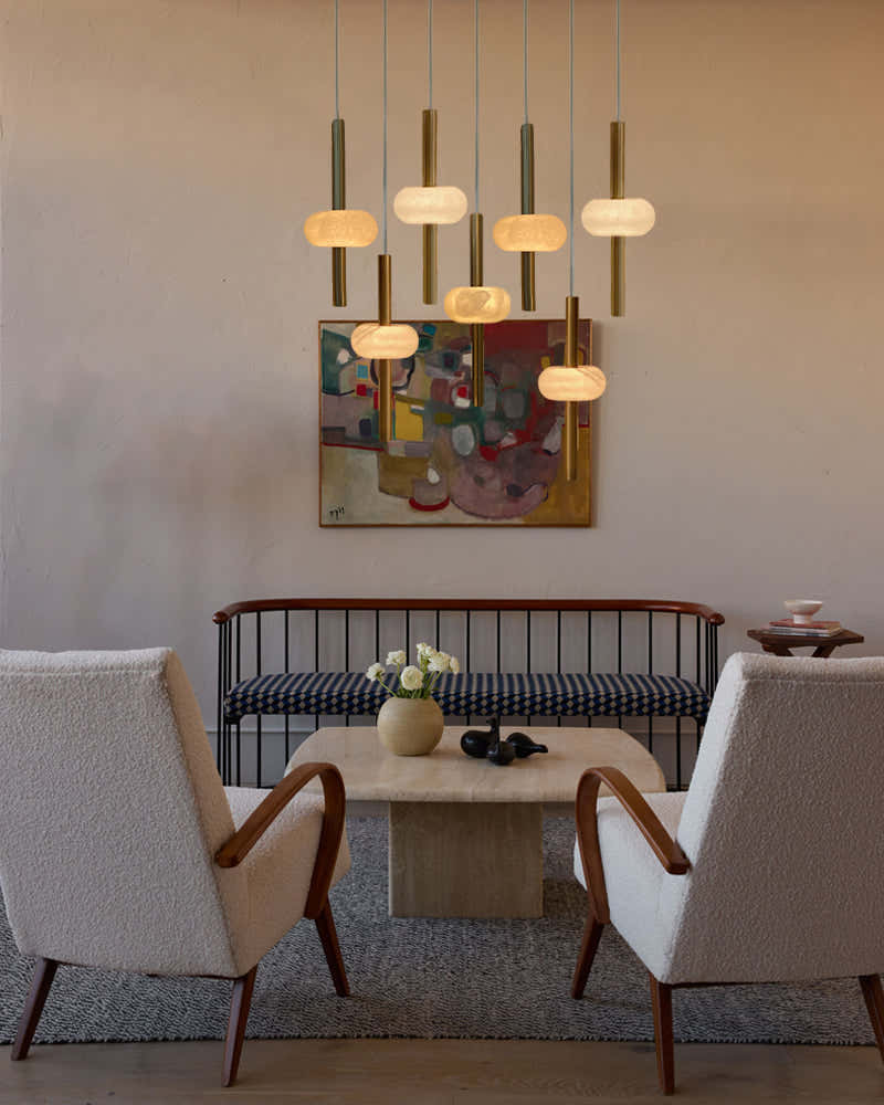 Villa 5 Light New Age Brass Cluster Pendant Light with 4in White Spanish Alabaster Shades