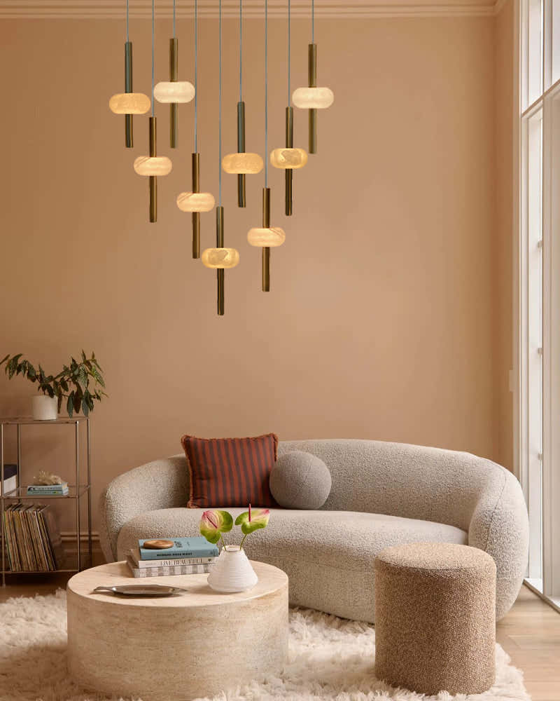 Villa 5 Light New Age Brass Cluster Pendant Light with 4in White Spanish Alabaster Shades