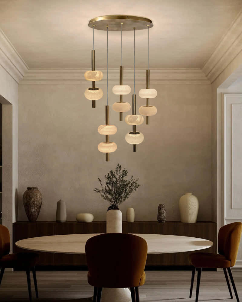 Villa 5 Light New Age Brass Cluster Pendant Light with 4in White Spanish Alabaster Shades
