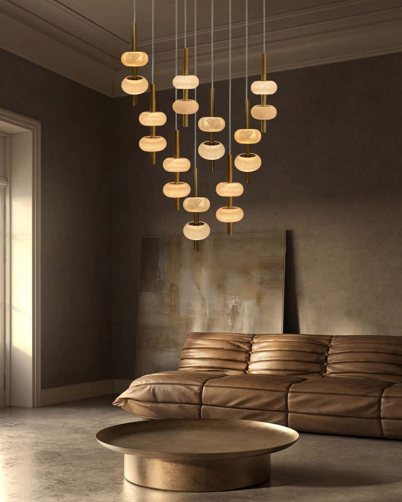 Villa 5 Light New Age Brass Cluster Pendant Light with 4in White Spanish Alabaster Shades