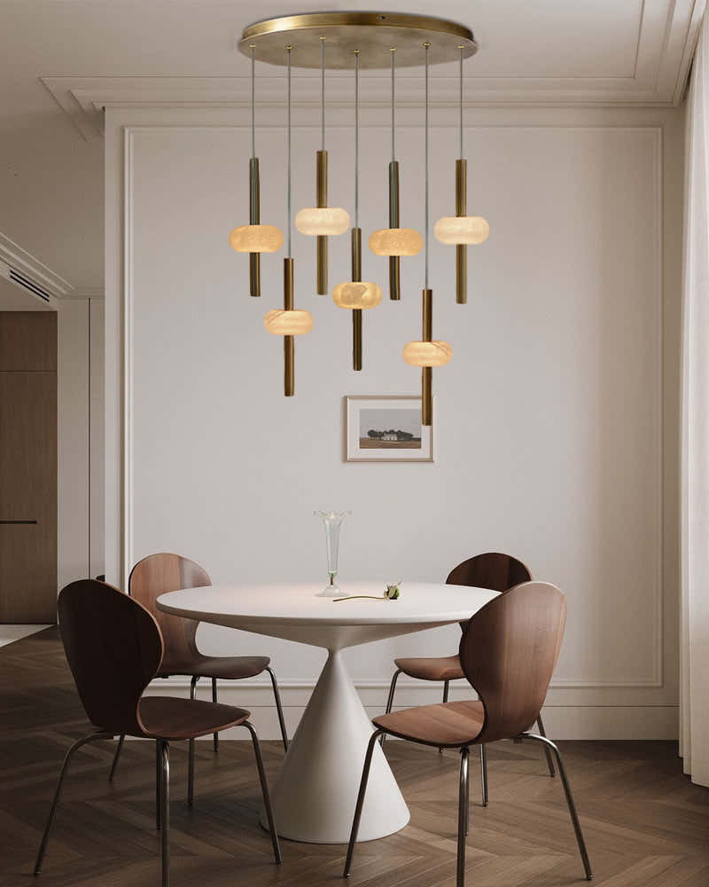 Villa 5 Light New Age Brass Cluster Pendant Light with 4in White Spanish Alabaster Shades