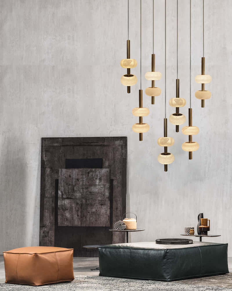 Villa 5 Light New Age Brass Cluster Pendant Light with 4in White Spanish Alabaster Shades