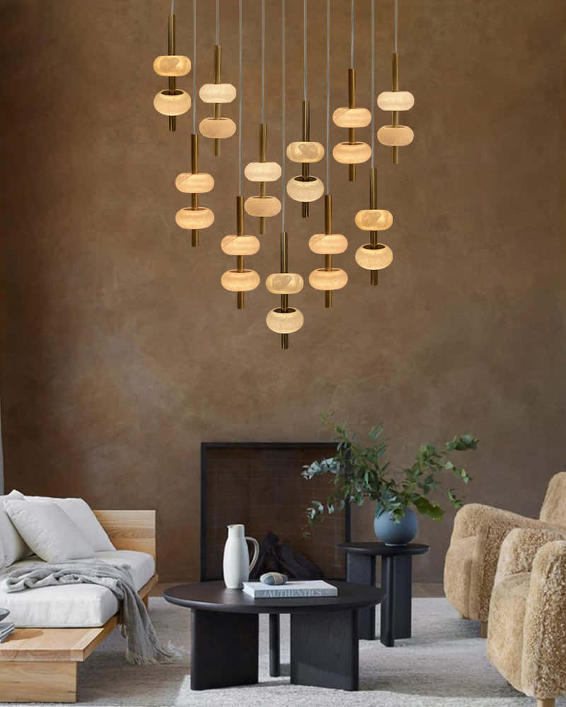Villa 5 Light New Age Brass Cluster Pendant Light with 4in White Spanish Alabaster Shades