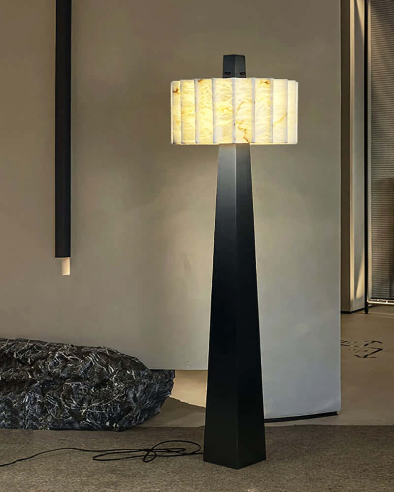 Artisanal Craftsmanship Alabaster Floor Lamp 65" Height | Black Stainless Base