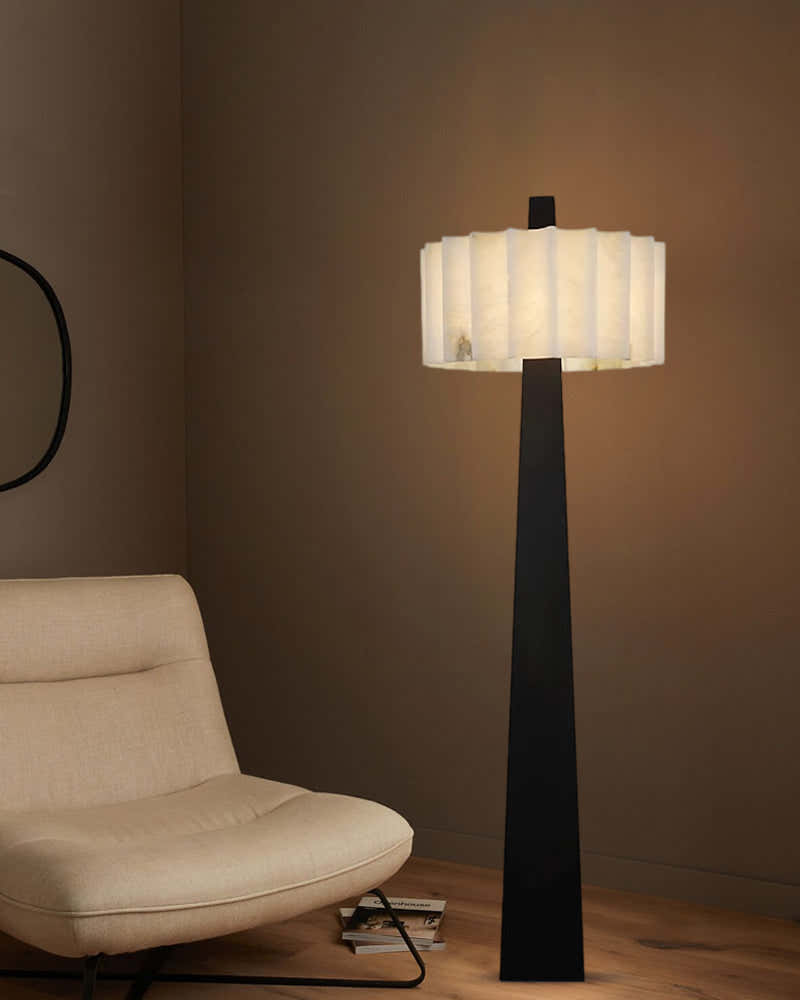 Artisanal Craftsmanship Alabaster Floor Lamp 65" Height | Black Stainless Base