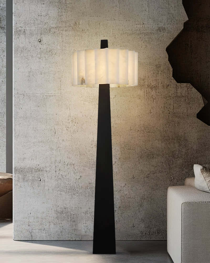 Artisanal Craftsmanship Alabaster Floor Lamp 65" Height | Black Stainless Base