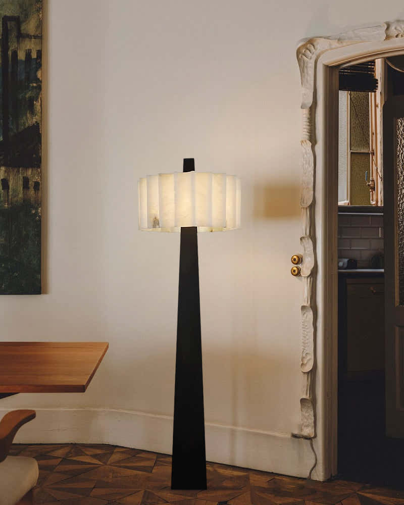 Artisanal Craftsmanship Alabaster Floor Lamp 65" Height | Black Stainless Base
