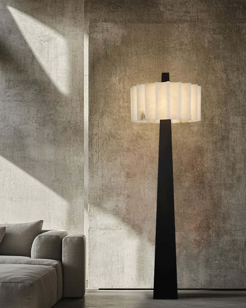 Artisanal Craftsmanship Alabaster Floor Lamp 65" Height | Black Stainless Base